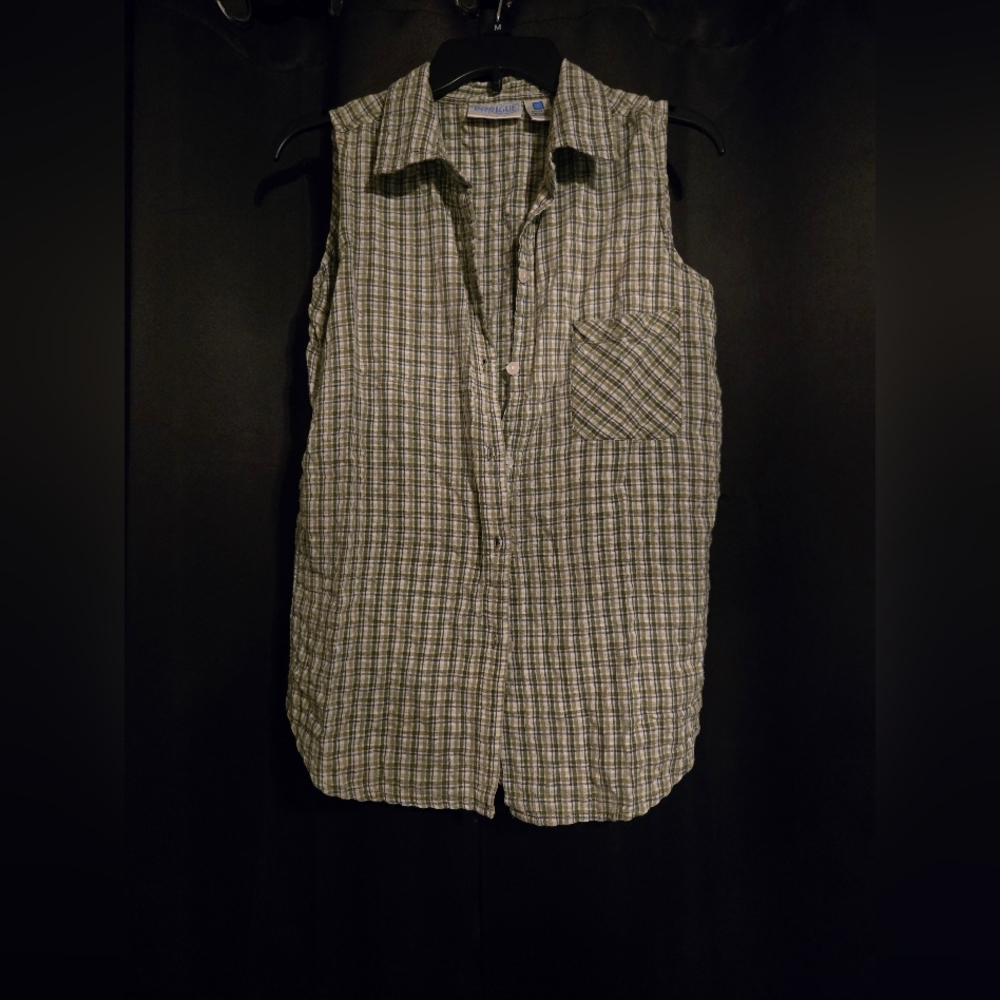 Intrigue Sleeveless Plaid Button Front Top  | 100% Cotton